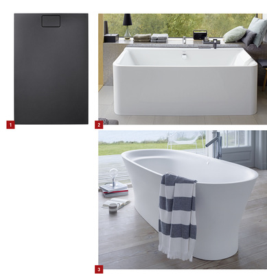 <p>
1 Mit dem Mineralgusswerkstoff DuraSolid Q imitiert Duravit das Material Stein – hier die Duschwanne Stonetto.
</p>

<p>
2 Randlose Optik: Zur Komplettbadserie P3 Comforts gibt es Badewanne und Duschwannen.
</p>

<p>
3 Blickfang: Badewanne der Kollektion Cape Cod – Philippe Starck hat mal wieder einen Klassiker entworfen.
</p>