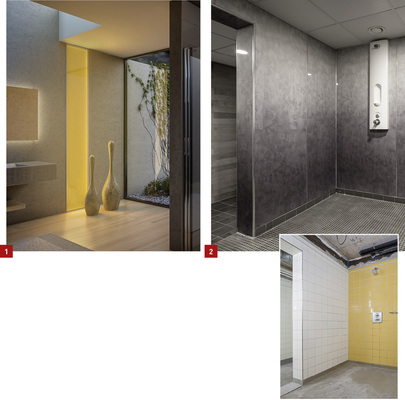 
1 Sonnenaufgang im Badezimmer: Die neue LED-Badleuchte DLight von Duscholux ermöglicht individuelle Wohlfühlatmosphäre auf Tastendruck.



2 Duscholux bietet nun das Wandverkleidungssystem PanElle aus Acryl für die Renovierung an.
