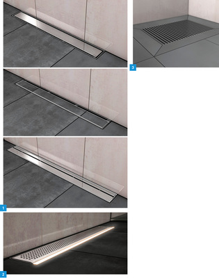 
1 Die neuen Design-Roste Twist, Floor und Stripe (v. o.) für die bodenebene Edelstahl-Duschrinne ShowerDrain E von ACO Haustechnik.



2 Das neue Bodenbeleuchtungssystem Lightline Pro ist entlang der Duschrinne verlegt.



3 Die Roste aus Holz-Kunststoff-Verbundmaterial von ACO Haustechnik sind auch vor dem Dusch- oder am Waschplatz einsetzbar.
