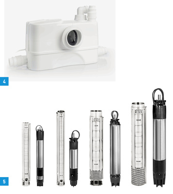 
4 Mit der neuen DAB Hebeanlage Genix 130 kann die Abwasserproblematik für bis zu vier Sanitärobjekte in größeren Bädern gelöst werden.



5 Förderhöhen bis 500 m und ein Wasserdurchsatz bis 290 m³ / h kennzeichnen die neuen Edelstahl-Brunnenpumpen von DAB.
