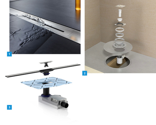 
1 Mit CeraFloor stellte Dallmer eine neue Ablaufschiene für bodengleiche Duschen vor.



2 Der Ablauf im Aqua-Dec Duschboard von Gang-Way hat einen gewissen Spielraum. Er ist drehbar montiert, um sich an örtliche Gegebenheiten anzupassen.



3 Eine werkseitig vormontierte Dichtfolie sorgt bei der Geberit CleanLine für eine fehlerfreie und sichere Abdichtung der Duschrinne.
