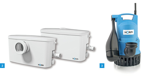 
2 Die Kleinhebeanlagen SaniQ one und SaniQ cut von Homa ermöglichen den Badeinbau auch in Räumen, in denen ein entsprechendes Abflussrohr mit Gefälle fehlt.



3 Die neue Pumpe Bully C140 WA von Homa kann neben dem stationären Einbau in Kellerschächten oder Sammelbehältern auch mobil eingesetzt werden.
