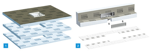 <p>
1 Die Duschböden Tub-Pump von Lux Elements sind Hartschaum-Duschtassenelemente mit eingedichteter Bodenablaufpumpe.
</p>

<p>
2 Das Bodenablaufelement Tub-Wall RT von Lux Elements ist als Set mit verfliesbarer Blende aus gebürstetem Edelstahl sowie einer losen Dichtmanschette erhältlich. Hier: dreiseitiges Gefälle.
</p>