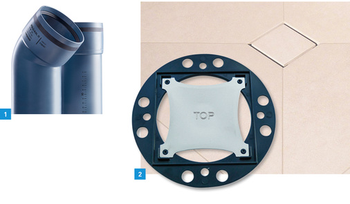 <p>
1 Das Kunststoff-Hausabflussrohrsystem Polo-Kal XS von Poloplast mit neuer Muffenkonstruktion.
</p>

<p>
2 Neue befliesbare Poresta BF Ablaufabdeckung von Poresta Systems.
</p>