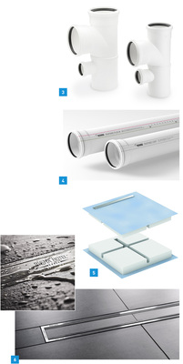 
3 Die neuartige Doppelabzweigung von Raupiano Plus eignet sich besonders für Objekte, bei denen Platz gespart werden muss.



4 Die Zentimeterskalierung auf den Raupiano Plus-Rohren erleichtert den Baustellenalltag.



5 Neues Duschbord mit vormontierter Duschrinne aus Edelstahl von Sanit.



6 Mit „My Kerdi-Line“ lassen sich die Schlüter-Kerdi-Line Linienentwässerungen mit individuellen Lasergravuren auf Rost oder Rahmen versehen.
