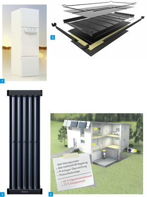 
1 Mit dem Ecosolar Kompakt BMR von Brötje gelingt die Kombination von Solarthermie mit Gas-Brennwerttechnik plus Speicher problemlos.



2 Der Kollektor Logasol SKR10 CPC von Buderus bietet mit sechs Vakuumröhren und dahinter angeordnetem CPC-Spiegel eine Aperturfläche von 1,0 m
2
.



3 Einen Kollektor aus Polykarbonat stellte der chinesische Hersteller Haier vor. Dieser soll Qualität und einen günstigen Preis miteinander verbinden.



4 Das Zusammenspiel zwischen Wärmepumpe, Navigator-Regelung und PV-Anlagenüberwachung führt bei Anlagen von IDM Energiesysteme zu einem hohen Eigenverbrauch.
