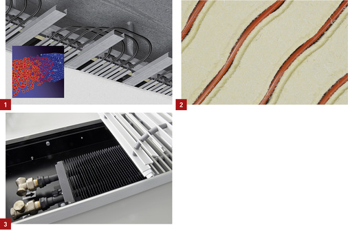 
1 Die Kühldecke Emcocool GK-PCM-WT ist ein Latentwärmespeicher. Regeneration erfolgt durch freie Nachtauskühlung oder mechanischer Kälteerzeugung.



2 Die Heizrohre der Klimawand bzw. Klimadecke KW-8 Ökopor von Joco befinden sich in feuchteregulierenden Dämmplatten aus Holzfasern. 



3 Die Unterflurkonvektoren von Joco sind ab sofort variabel in ihrer Breite, Höhe und Länge. Das ermöglicht eine individuellere Planung.
