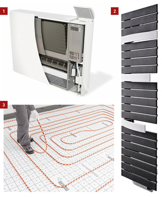 <p>
1 Der Gebläsekonvektor Vido von Purmo verfügt über eine integrierte Regelung. Sind mehrere Geräte installiert, lassen sich diese auch in ein Smart-Home-Konzept einfügen.
</p>

<p>
2 Der Badheizkörper Evia von Purmo ist auch Handtuchtrockner und stummer Diener. Die farblich abgehobenen Elemente lassen sich ausschwenken.
</p>

<p>
3 Das Klettsystem Rautherm Speed von Rehau soll sich bis zu 30 % schneller verlegen lassen als herkömmliche Systeme – Ein-Mann-Montage inklusive. 
</p>