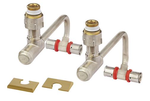 
Sockelleistenanschlussgarnituren Simplex VK31 UNI mit universeller Presskontur für Mehrschicht-Verbundrohre eignen sich für die Pressbacken U, TH, F und H.
