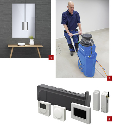 
1 Elektrische Strahlungsheizungen von Stiebel Eltron gibt es mit in Schwarz, Weiß oder als Spiegelvariante mit Anschlussleistungen von 300 bis 900 W. 



2 Mit der Frästechnik von Zent-Frenger, einem Unternehmen der Uponor-Gruppe, lassen sich pro Team 120 m
2
 Fußbodenheizung fast staubfrei installieren. 



3 Das Regelungssystem Smartrix von Uponor für die Flächenheizung spart den manuellen hydraulischen Abgleich und soll bis zu 20 % Energiekosten sparen.
