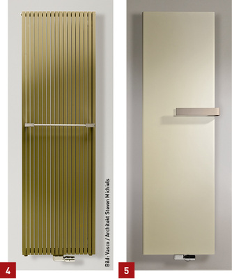 
4 Mit 56 neuen Farben differenziert Vasco das Angebot für Heizkörper – beispielsweise hier den Carré mit einer orange-braunen Einfärbung.



5 Handtuchbügel aus Kupfer ergänzen die Accessoires von Vasco, die bislang Stahl-Modelle in Weiß, Schwarz und Pastellblau sowie aus Aluminium enthielten.
