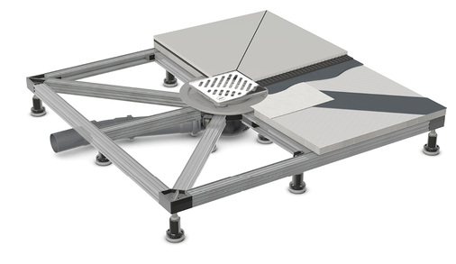 
Das Trägersystem ACO ShowerFloor besteht aus zuschneidbaren Stahlprofilen, steckbaren Verbindungsstücken, höhenverstellbaren Füßen und den Trägerplatten als Untergrund für die Fliesen.
