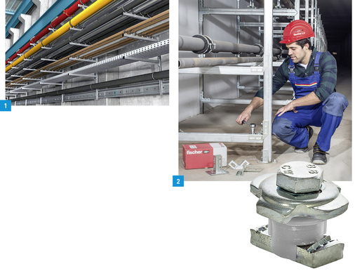 
1 Das neue Fischer-Schwerlastsystem F-SL ist eine Lösung zur Montage von schweren Lasten im Rohrleitungs- und Anlagenbau.



2 Mit drei Handgriffen verbindet das Fischer-Durchsteckelement die U-Profil-Montageschienen FUS mit den verschiedenen Konstruktionselementen des Systems.
