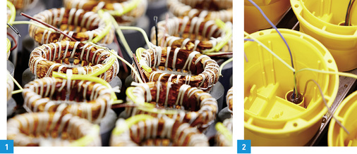 
1 Das Beträufeln der Kupferwicklung mit Kunstharz sorgt für Stabilität und schützt bei Vibrationen.



2 Die vergossene Kabeleinführung schützt vor Feuchtigkeit und macht die Pumpen wasserdicht.
