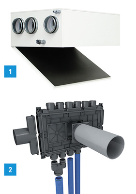 
1 Die für die Wand- und Deckenmontage geeigneten Geräte WRGZ 160 und WRGZ 160-N von Benzing sind speziell für kleine Wohneinheiten konzipiert. 



2 Acht Hauptkomponenten reichen für den Aufbau der Luftverteilung Air 56 von Dimplex. Ein einfaches Verbindungsverfahren reduziert den Montageaufwand.
