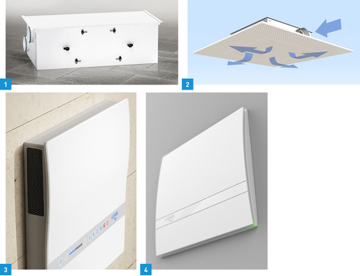 <p>
1 Die Lüftungsgeräte Kermi X-Well – hier das kleinere Modell N170 – sind für Wohnflächen von 60 bis 300 m
<sup>2 </sup>
konzipiert. Umfangreiches Zubehör gibt es ebenfalls dazu. 
</p>

<p>
2 Durch Kombination mit Knauf Air Panel als sichtbare Oberfläche entsteht mit dem LTG Air Panel Diffusor ein nahezu unsichtbares Luftdurchlass-Deckenelement.
</p>

<p>
3 Das dezentrale Lüftungsgerät Nexxt von Lunos erzielt Rückgewinnungsgrade bis 90 % und kann mehrere Räume mit frischer und vorgewärmter Luft versorgen. 
</p>

<p>
4 Mit dem Silvento ec bringt Lunos eine neue Generation dezentraler Lüftungsgeräte mit höherer Effizienz und mehr Bedienungskomfort an den Start. 
</p>