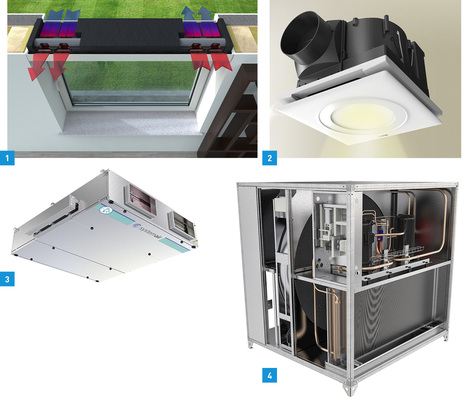 <p>
1 Die Fensterlüftung Endura Twist von Renson mit regenerativen Wärmetauschern lässt sich unauffällig am Fenster einbauen. 
</p>

<p>
2 Einen Ventilator mit integrierter 12-W-LED-Leuchte und 120 m
<sup>3</sup>
/h Luftleistung bei 4,5 W Leistungsaufnahme stellte das chinesische Unternehmen Sunon vor. 
</p>

<p>
3 Beim Systemair Topvex FC mit Gegenstromwärmeübertrager gehört eine integrierte sowie vorprogrammierte Regelung bereits zum Lieferumfang. 
</p>

<p>
4 Die Lüftungsgerätereihen Time EC und Danvent DV des Her-stellers Systemair sind nun auch mit integrierten Wärmepumpen der Bezeichnung DVU-HP verfügbar. 
</p>