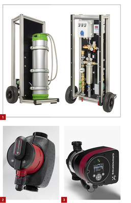 
1 Mit der fahrbaren Kompaktanlage Geno-Vario mini von Grünbeck lässt sich Heizungswasser im laufenden Betrieb aufbereiten.



2 Der Alpha Reader von Grundfos ist ein kompaktes Lesegerät, das für den hydraulischen Abgleich vorübergehend am Pumpenkopf befestigt wird.



3 In Verbindung mit einem zweiten Temperatursensor kann die Magna3 jetzt auch über die Differenztemperatur geregelt werden. 
