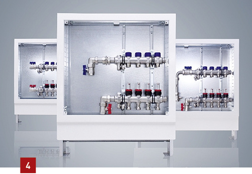 
4 Die vorgefertigten Heizkreisverteiler aus dem Prineto-Sortiment von IVT reduzieren die Montagezeit. Die von 110 auf 80 mm verringerte Bautiefe erleichtert den Einbau.
