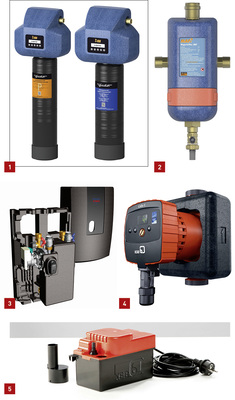 <p>
1 Das Füllsystem Judo i-fill mit Füllpatrone Pure (links) oder mit Füllpatrone Soft dient der einfachen und sicheren Befüllung von Heizungsanlagen.
</p>

<p>
2 Der Judo-Mafi-Magnetitfilter soll magnetische und nichtmagnetische Partikel aus dem Heizungskreislauf gleichermaßen entfernen.
</p>

<p>
3 Die Frischwasserstation Fresh Hydro entstammt einer Kooperation von Esbe, Kioto Solar, Resol und Wilo. Große Wärmetauscher sorgen für Komfort.
</p>

<p>
4 Die neue Generation der Umwälzpumpe Calio S von KSB ist mit einem neu gestalteten Bedien-Interface und mit robusten Drucktasten ausgestattet. 
</p>

<p>
5 Der neue Kondensat-Lift von KSB ist eine vollautomatische Hebeanlage zur Förderung von Kondensat aus Heizungen sowie aus Klima- und Kühlanlagen.
</p>