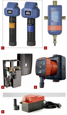 
1 Das Füllsystem Judo i-fill mit Füllpatrone Pure (links) oder mit Füllpatrone Soft dient der einfachen und sicheren Befüllung von Heizungsanlagen.



2 Der Judo-Mafi-Magnetitfilter soll magnetische und nichtmagnetische Partikel aus dem Heizungskreislauf gleichermaßen entfernen.



3 Die Frischwasserstation Fresh Hydro entstammt einer Kooperation von Esbe, Kioto Solar, Resol und Wilo. Große Wärmetauscher sorgen für Komfort.



4 Die neue Generation der Umwälzpumpe Calio S von KSB ist mit einem neu gestalteten Bedien-Interface und mit robusten Drucktasten ausgestattet. 



5 Der neue Kondensat-Lift von KSB ist eine vollautomatische Hebeanlage zur Förderung von Kondensat aus Heizungen sowie aus Klima- und Kühlanlagen.
