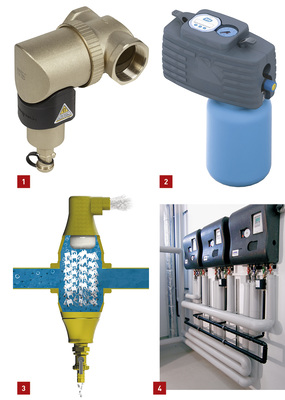 <p>
1 Der Schlammabscheider Spirotrap MBL von Spirotech steht in den Größen 1¼, 1½ und 2 Zoll zur Verfügung und wird auf Wunsch mit Dämmschale geliefert. 
</p>

<p>
2 Das Anschlusscenter 3200 All-in-One von Syr verspricht eine normgerechte Befüllung der Heizungsanlage und eine platzsparende Installation.
</p>

<p>
3 Der Armaturenkörper des Luft- und Schlammabscheiders Tacovent Twin von Taconova ist mit I-Rings gefüllt, die aus der Raffinerietechnik stammen.
</p>

<p>
4 Die hydraulische Verschaltung bei den Taconova-Kaskadenstationen für besonders großen Warmwasserbedarf erfolgt im Tichelmann-Prinzip. 
</p>