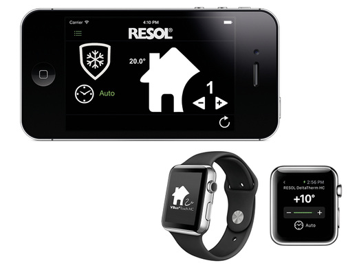 
Der Regler Resol Deltatherm HC mini lässt sich künftig auch per Vbustouch HC über Tablet, Smartphone und Apple Watch von der Ferne aus steuern und überwachen.
