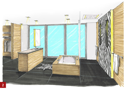 



Wie Kuben, losgelöst von den Wänden, stehen die Objekte im Raum. Ausblick, Großzügigkeit und Architektur des Raumes bleiben dennoch erhalten.
