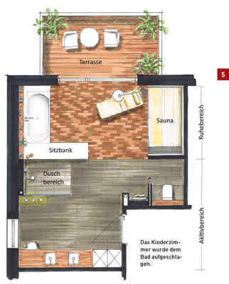 <p>
</p>

<p>
Duschbereich und raumgreifende Sitzbank sowie Bodenbelagswechsel gliedern den Raum und teilen ihn bewusst in Aktiv- und Ruhezone. 
</p> - © Stammer

