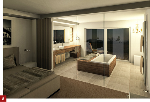 
Bei der Zusammenlegung von Schlaf- und Badbereich zu einem großen Raum ist eine klimatische und akustische Abtrennung durch eine Glaswand empfehlenswert. Dabei tut sie dem großzügigen Raumeindruck und Tageslichteinfall keinen Abbruch. 



