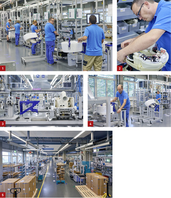 
1 An den 14 Montagestationen sind 30 Einzelschritte notwendig, bis ein Dusch-WC komplett ist. Jeder Mitarbeiter übernimmt dabei zwei bis drei Schritte. 



2 Ein Mitarbeiter baut das Geberit AquaClean Mera für die Wasseraufbereitung des Technik-U zusammen.



3 Hier werden der Tragrahmen und die Keramik des Dusch-WCs AquaClean Mera zusammengeklebt.



4 Die WCs werden mit Montagewagen von Station zu Station gefahren. Die Produktion eines Mera-WCs dauert zwei Stunden.



5  Vom Schweizer Produktionsstandort werden die Produkte in das Zentrallager nach Pfullendorf transportiert.
