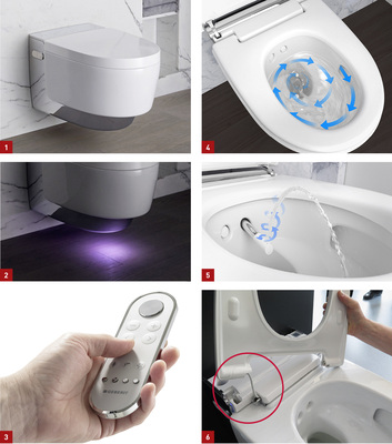 
1 Ästhetisch und funktional: Bei der Gestaltung des neuen Dusch-WCs setzte Geberit erneut auf den Designer Christoph Behling.



2 Nachtnutzerfreundlich: Das sanfte Orientierungslicht am unteren vorderen Rand erleichtert das Wiedereinschlafen nach einem nächtlichen WC-Besuch.



3 Individuelles Profil: Mit einem Tasten-klick können persönliche Einstellungen eingestellt und abgespeichert werden.






4 Leise: Die von Geberit entwickelte asymmetrische Innengeometrie der Keramik mit einer seitlichen Spülöffnung ermöglicht geräuscharme Ausspülung.



5 Duscherlebnis: Bei der Whirlspray-Duschtechnologie wird ein rotierender und pulsierender Duschstrahl mittels dynamischer Luftbeimischung verfeinert.



6 Der beheizbare WC-Sitz kann zur Reinigung abgenommen werden. Das Kabel für die Stromzufuhr wird hierzu ein Stück herausgezogen.
