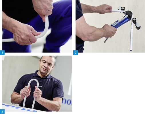 
1 Ein Beispiel für das Biegen von Rohrlei-tungen ist der 90°-Bogen. Auch andere Biege-winkel lassen sich mit Uponor Uni Pipe Plus realisieren.



2 Der enge Biegeradius von Uponor Uni Pipe Plus ermöglicht mit der systemkonformenBiegezange einen minimalen Biegeradius.



3 Statt mit Fittings können Richtungsänderungen häufig auch direkt und einfach mit dem gebogenen Rohr ausgeführt werden.
