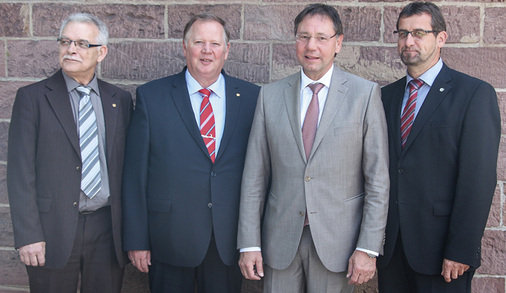 
Joachim Butz (2. v. l.) wurde einstimmig als Vorsitzender wiedergewählt. Stellvertretende Vorsitzende sind Wolfgang Friedrich (l.), Jürgen Walter (2. v. r.) und Bernd Simon (r.). 
