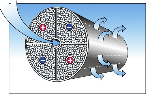 
Quadrupolzelle des alternativen Härtestabilisierungsgerätes Permasolvent Primus mit alternierend gepolten Zellsegmenten aus Aktivkohle.
