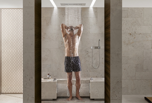 
Wasser für alle Körperteile: Comfort Shower von Dornbracht ist optional erweiterbar um Leg Shower – eine Anwendung, die belebende Beingüsse auf Knopfdruck ermöglicht.
