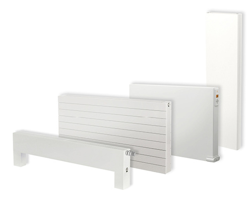 
Heizkörper-Lösungen von Purmo für verschiedene Bedarfsfälle: Purmo Plan Ventil Compact BH200mm, Ramo Ventil Compact, Elektroheizkörper Yali Parada und Vertikalheizkörper Kos V (von links).
