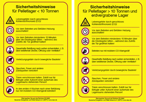 <p>
</p>

<p>
Zur sicheren Lagerung von Holzpellets sollten auf der Innen- und Außenseite der Lagerraumtür Aufkleber angebracht werden. Die Aufkleber für Lagermengen unter 10 sowie über 10 t und erdvergrabene Lager können kostenlos beim Deutschen Pelletinstitut (DEPI) bestellt werden.
</p> - © DEPI

