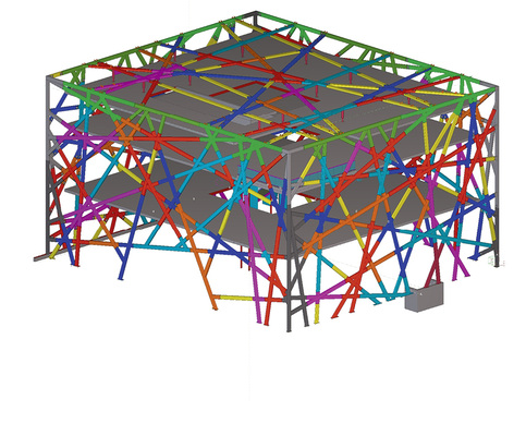 
Simulation und Verwaltung der unregelmäßigen Stücke des Stahlgitters im BIM-Modell des Qbig-Bürogebäudes in präziser Darstellung.
