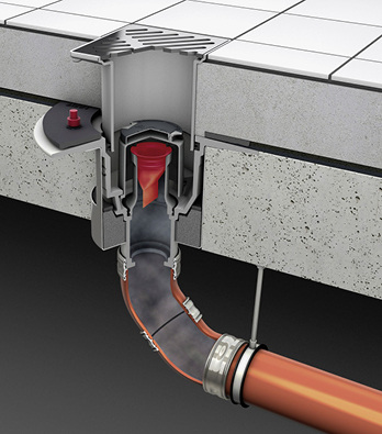 
Bodenablauf Passavant ohne Geruchsverschluss, allerdings mit Geruch- und Rauchstopp.
