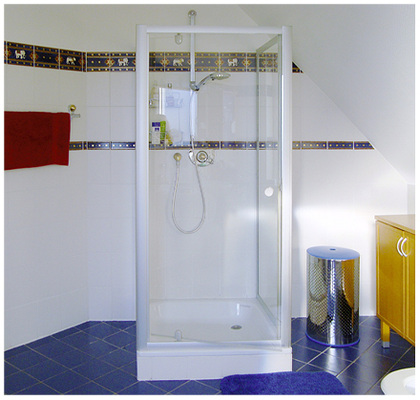 
Vorher: Der Abschnitt von der Dusche bis zum Drempel (oder Kniestock) ist nicht sonderlich ansehnlich gestaltet. 
