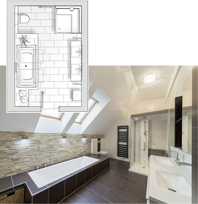 
Planungsbeispiel 1: Die Firma Forstenlechner aus Perg (Österreich) hat die horizontale Ausrichtung betont. Wanne und Toilette finden unter der Dachschräge Platz. Effektbeleuchtung wurde ebenfalls unmittelbar dort platziert. 
