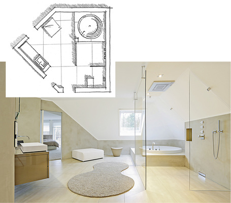 
Planungsbeispiel 2: Ein ansprechendes Bad mit Dachschräge und ungewöhnlichem Grundriss. Trotz niedrigem Kniestock bzw. Drempel war ein großzügiges Wannenpodest möglich. Gebaut vom Betrieb Andritzky in Konnersreuth.
