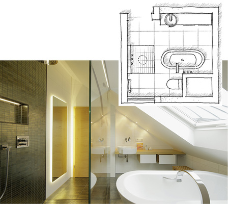 
Planungsbeispiel 3: Der Klassiker „Dusche an der Schmalseite der Wanne“, neu interpretiert vom Betrieb Prestle (Biberach). Die Wanne steht unterm Fenster, der Zugang zur Toilette erfolgt über die bodenebene Dusche.
