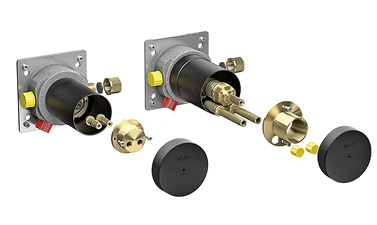 
Die Unterputzfunktionseinheiten im Detail: links Einhebelmischer, rechts Thermostat.
