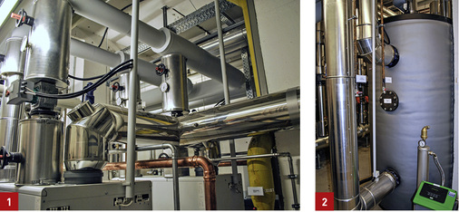 
1 Die Abgasleitung der Brennwertkaskade wurde in Edelstahl ausgeführt.



2 2000 l fasst der Pufferspeicher, in dem die Wärme zwischengespeichert wird.
