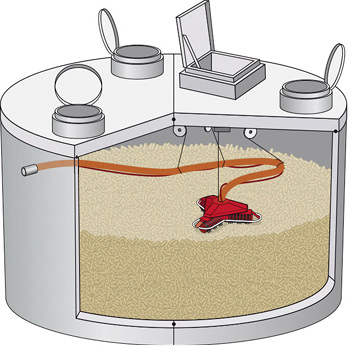 



Isometrische Darstellung des bei diesem Projekt unterirdisch eingebauten Pelletspeichers Thermopel mit Entnahmesystem Maulwurf.
