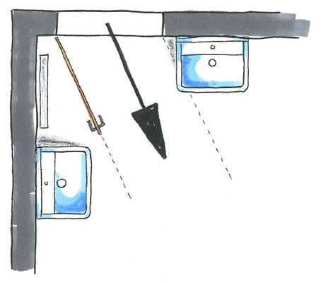 <p>
Bei der Anordnung eines Sanitärobjekts, wie etwa eines Waschtisches, sollten Türanschlag und Öffnungsradius bedacht werden. In diesem Fall wäre die Platzierung rechts störend.
</p>