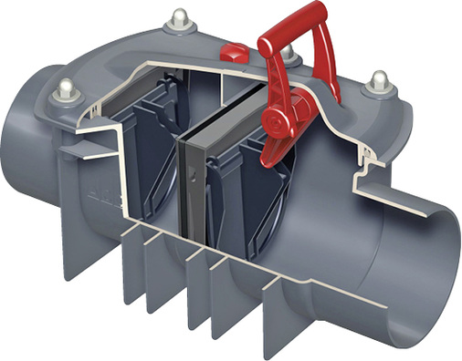 
ACO Triplex: Rückstauverschluss für durchgehende Rohrleitungen, für fäkalienfreies Abwasser, zur Montage oberhalb der Kanalisation, hier eingebaut in der Bodenplatte.
