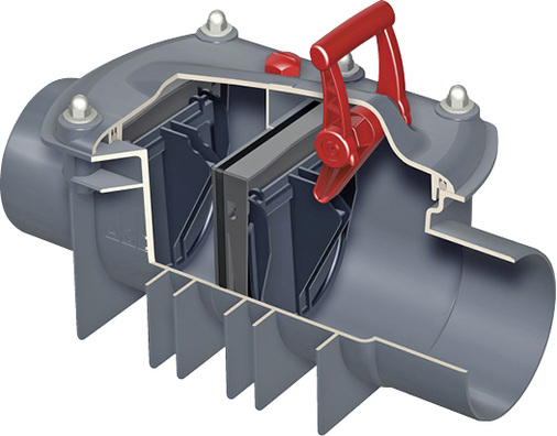 <p>
ACO Triplex: Rückstauverschluss für durchgehende Rohrleitungen, für fäkalienfreies Abwasser, zur Montage oberhalb der Kanalisation, hier eingebaut in der Bodenplatte.
</p>